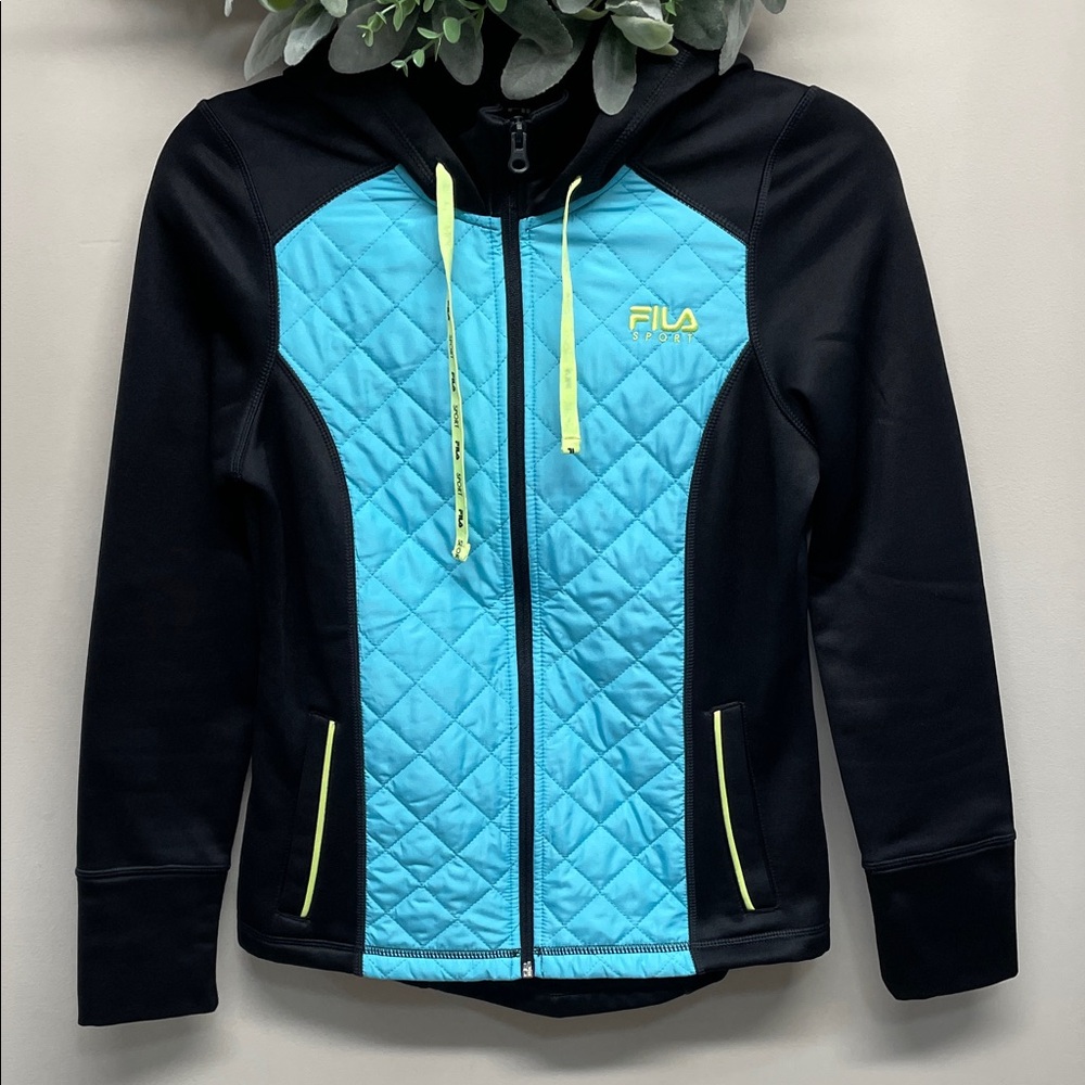 Fila Sport Turquoise Blue & Black Hooded Full Zip Athletic Jacket Quilted XS